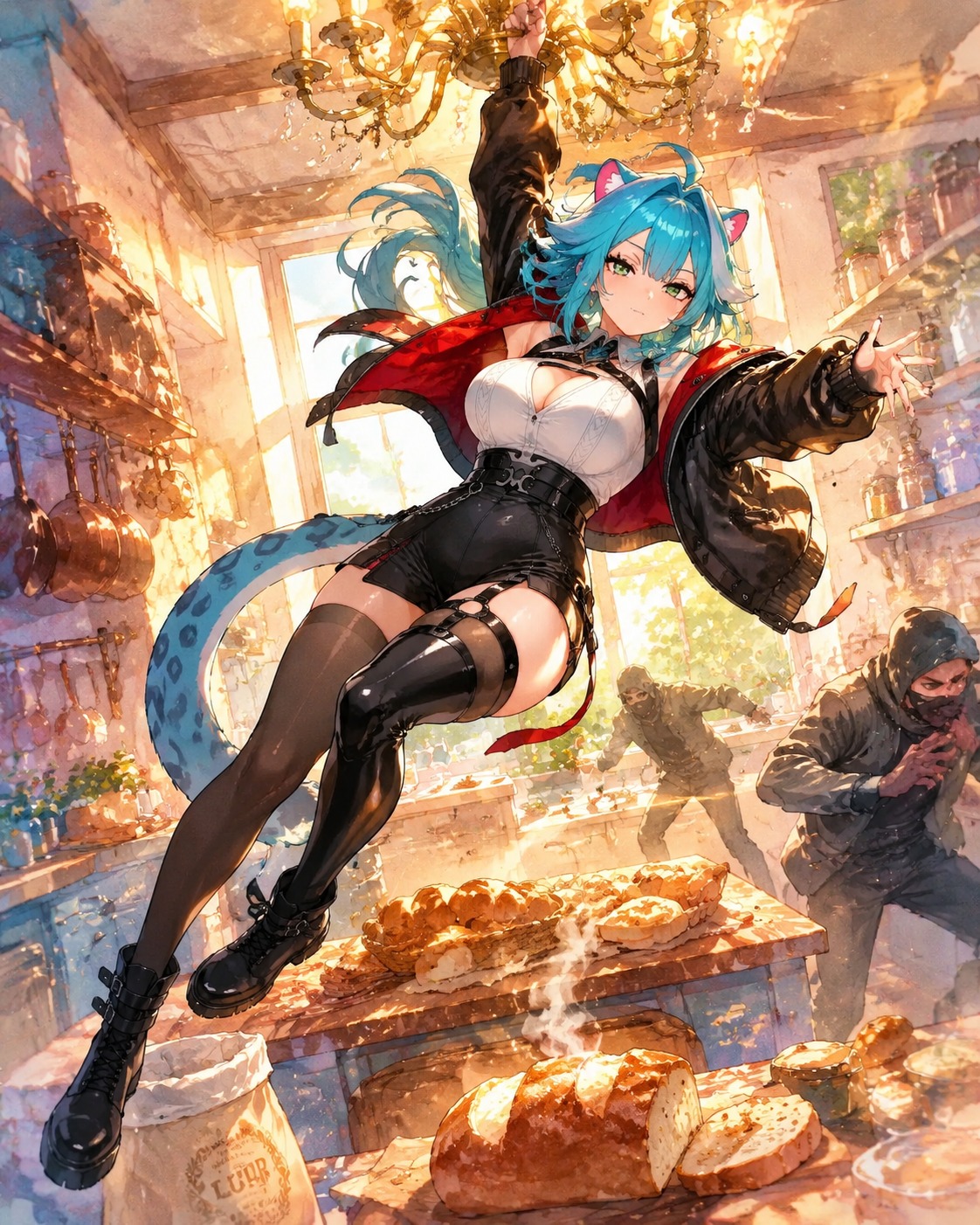 Swinging from a chandelier during a heist In a cozy kitchen smelling of baked bread (vibrant watercolor anime, soft glowing edges)