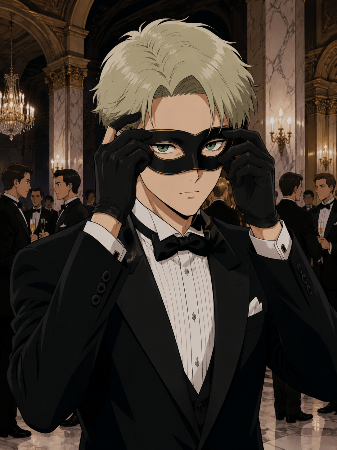 Adjusting his disguise mask with surgical precision At a lavish tuxedo-only gala in a marble hall (classic 90s anime style, cel shaded)