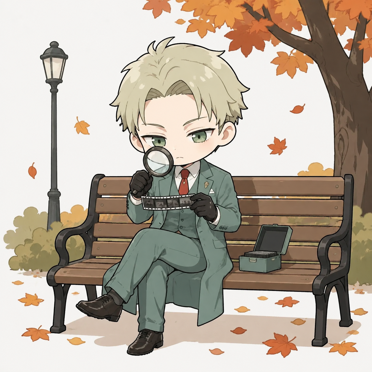 Analyzing a hidden microfilm under a magnifying glass At a quiet park bench beneath falling autumn leaves (chibi style, minimalist flat colors)