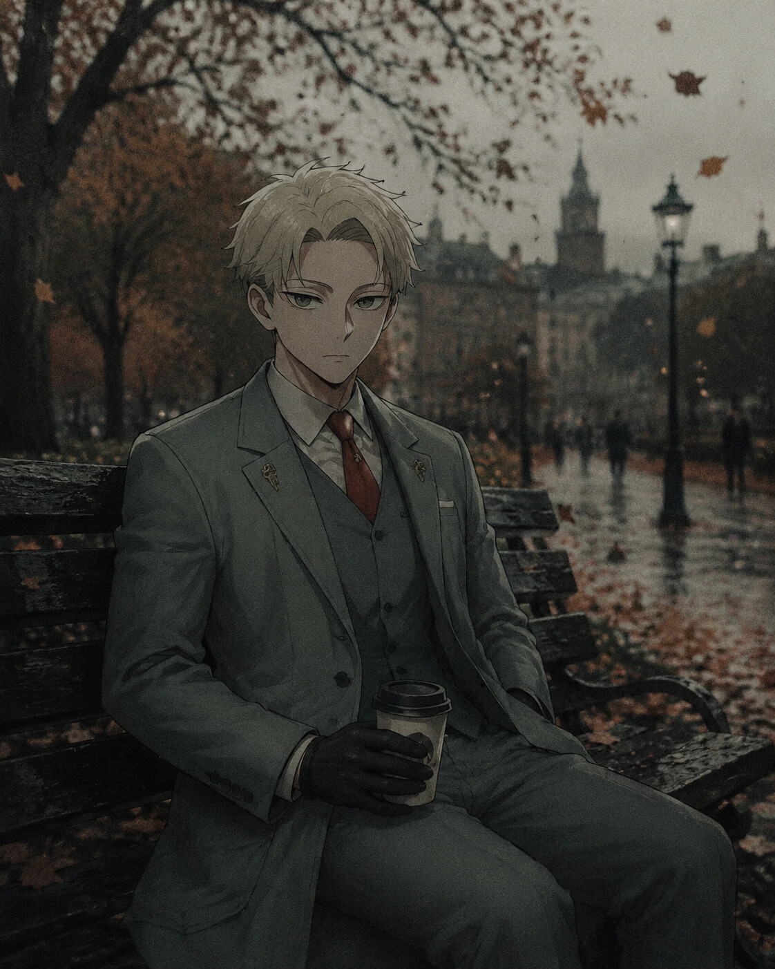 Blending into a bustling crowd with a neutral expression at a quiet park bench beneath falling autumn leaves (gritty spy thriller)