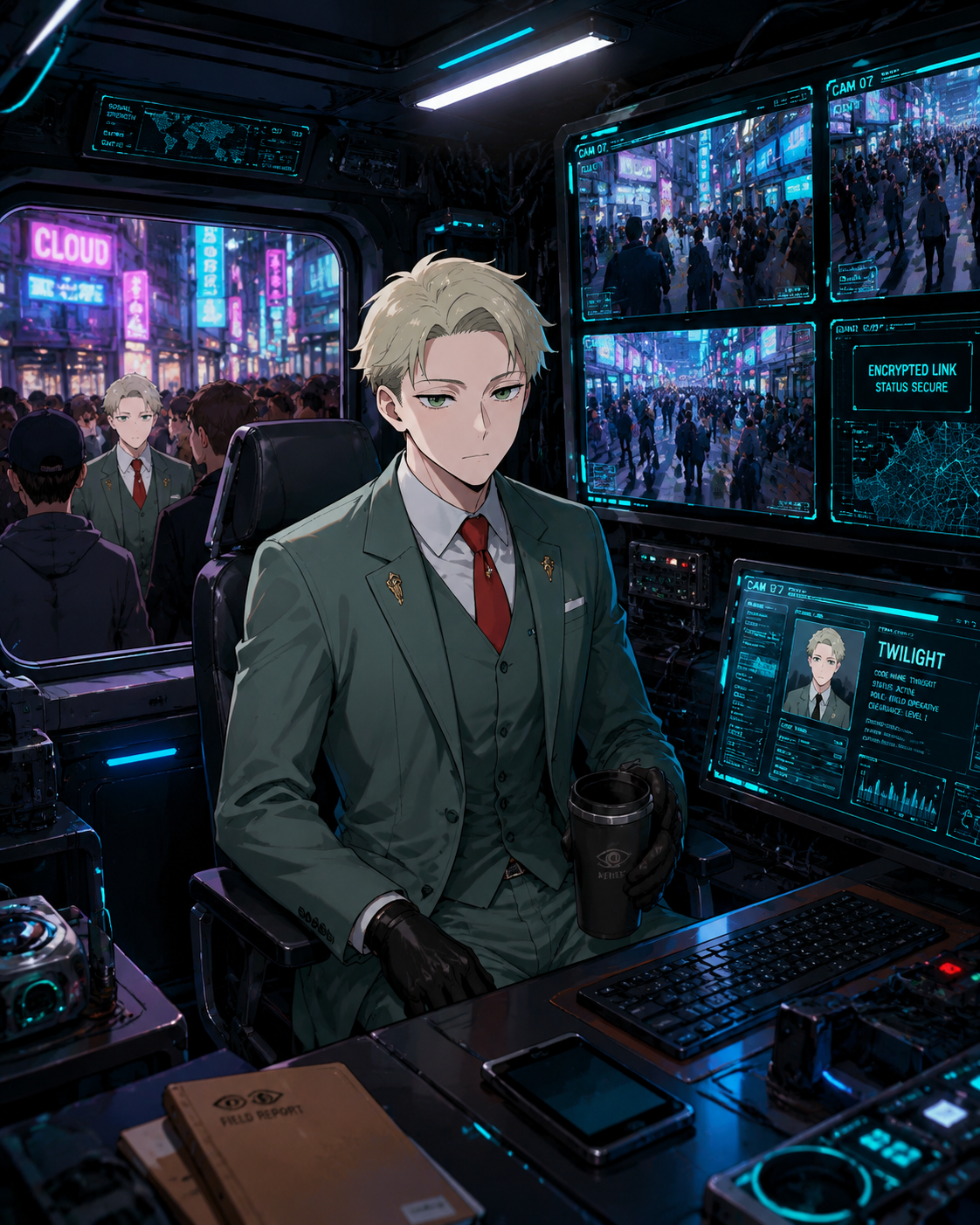Blending into a bustling crowd with a neutral expression In a high-tech surveillance van filled with monitors (vibrant digital art, sharp lines and neon accents)