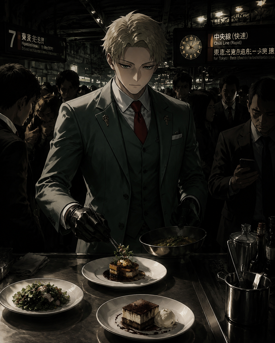 Preparing a precise three-course meal for his family At a crowded train station during rush hour (cinematic noir, dramatic shadows and high contrast)