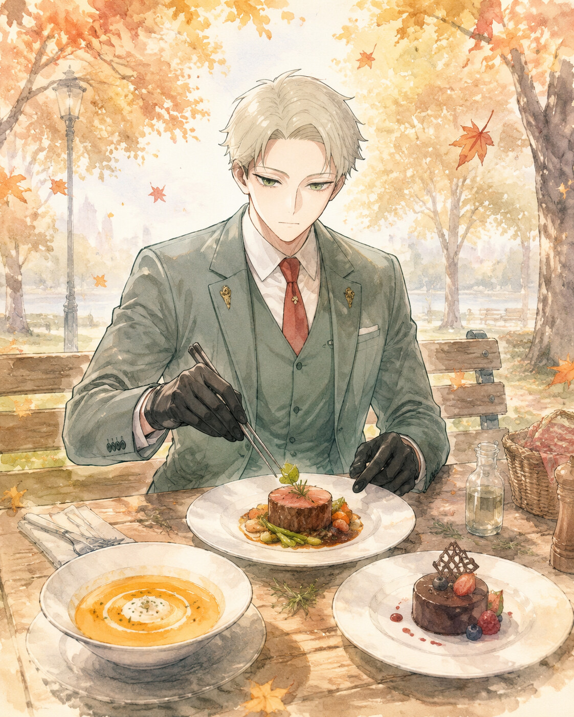 Preparing a precise three-course meal for his family at a quiet park bench beneath falling autumn leaves (soft watercolor illustration)