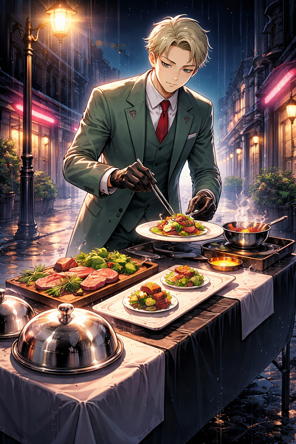 Preparing a precise three-course meal for his family on a rainy street corner under a flickering streetlight (vibrant digital art)