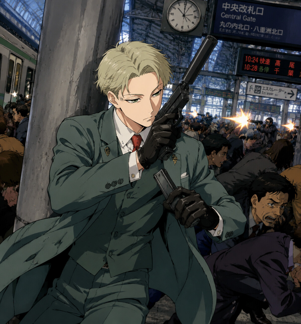 Reloading a silenced pistol during a frantic firefight at a crowded train station during rush hour (classic 90s anime style)