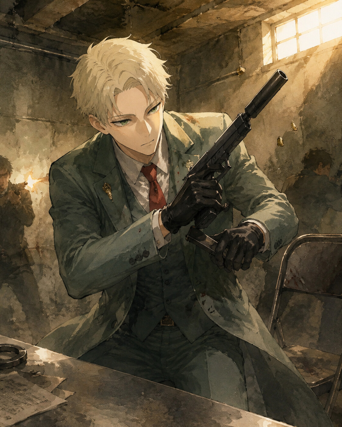 Reloading a silenced pistol during a frantic firefight in a dimly lit underground interrogation room (soft watercolor illustration)