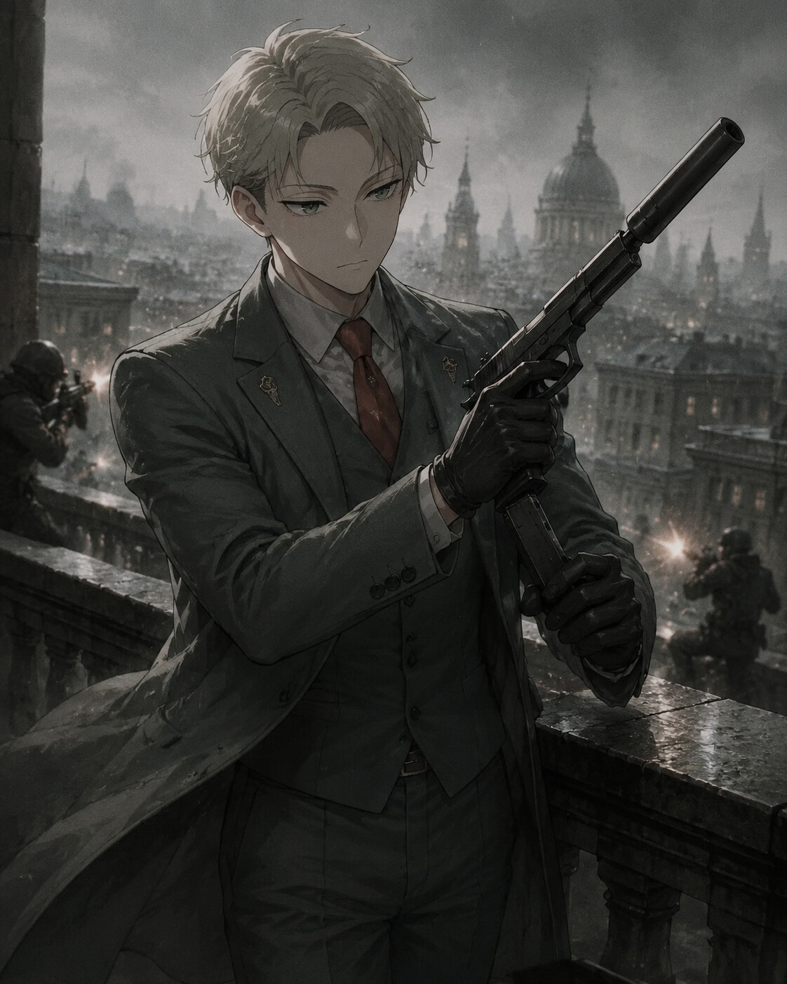 Reloading a silenced pistol during a frantic firefight on a balcony overlooking a foggy city skyline (gritty spy thriller)