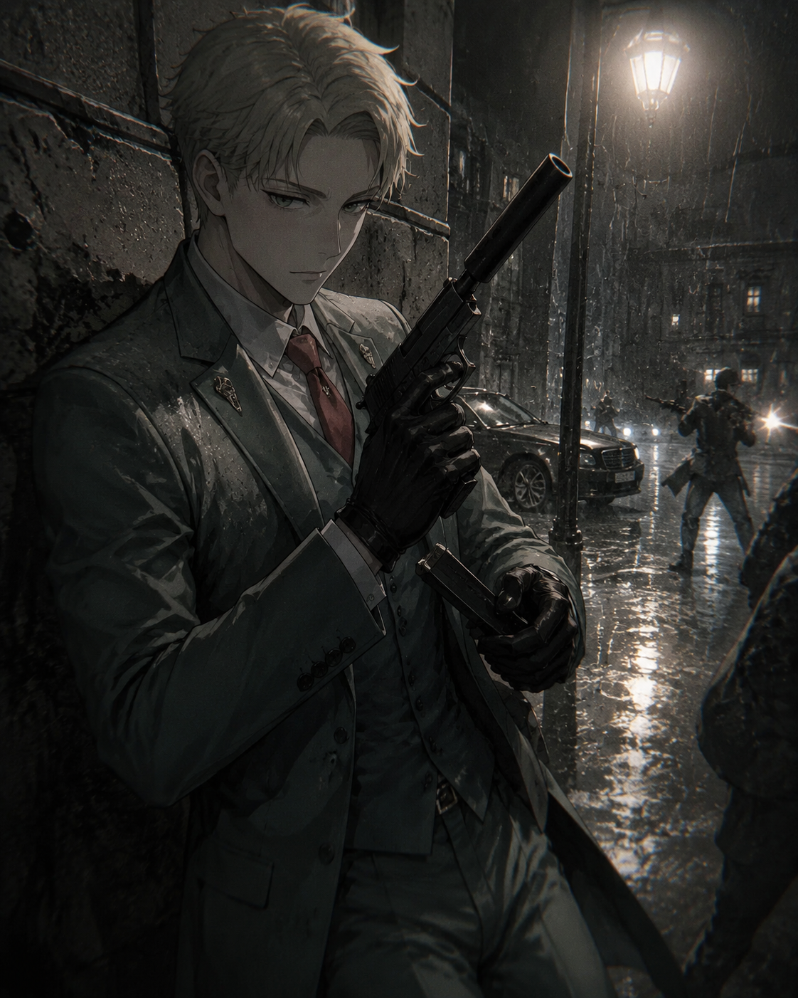 Reloading a silenced pistol during a frantic firefight On a rainy street corner under a flickering streetlight (gritty spy thriller, desaturated tones and film grain)