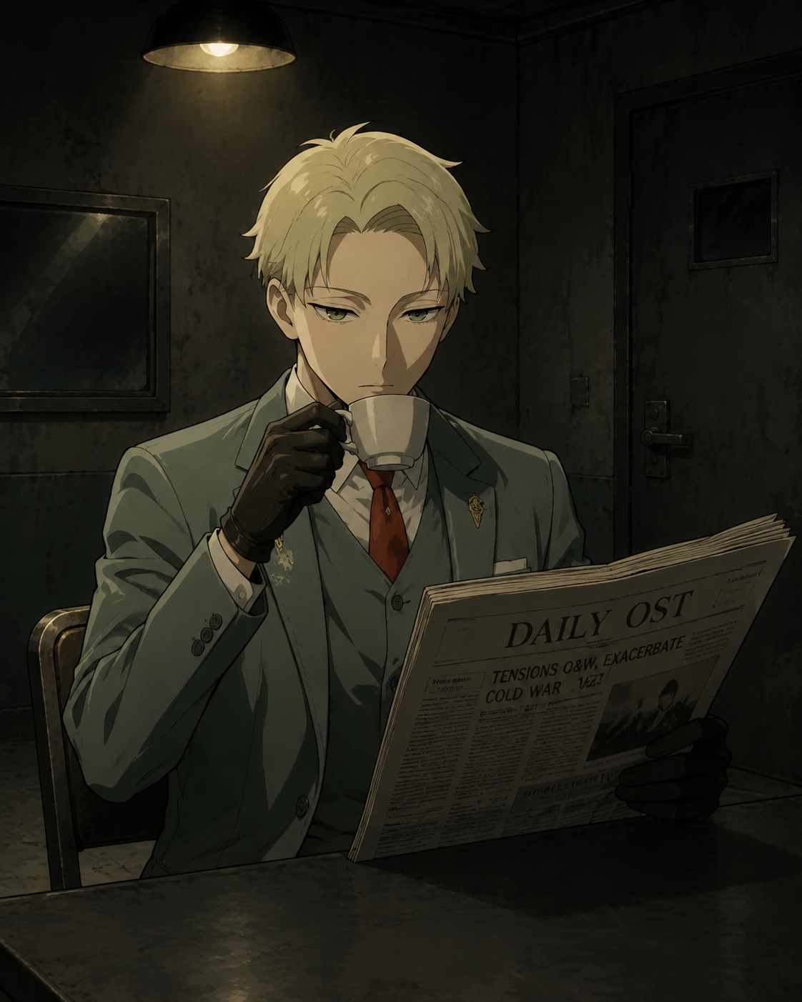 Sipping bitter black coffee while reading a newspaper In a dimly lit underground interrogation room (classic 90s anime style, cel shaded)