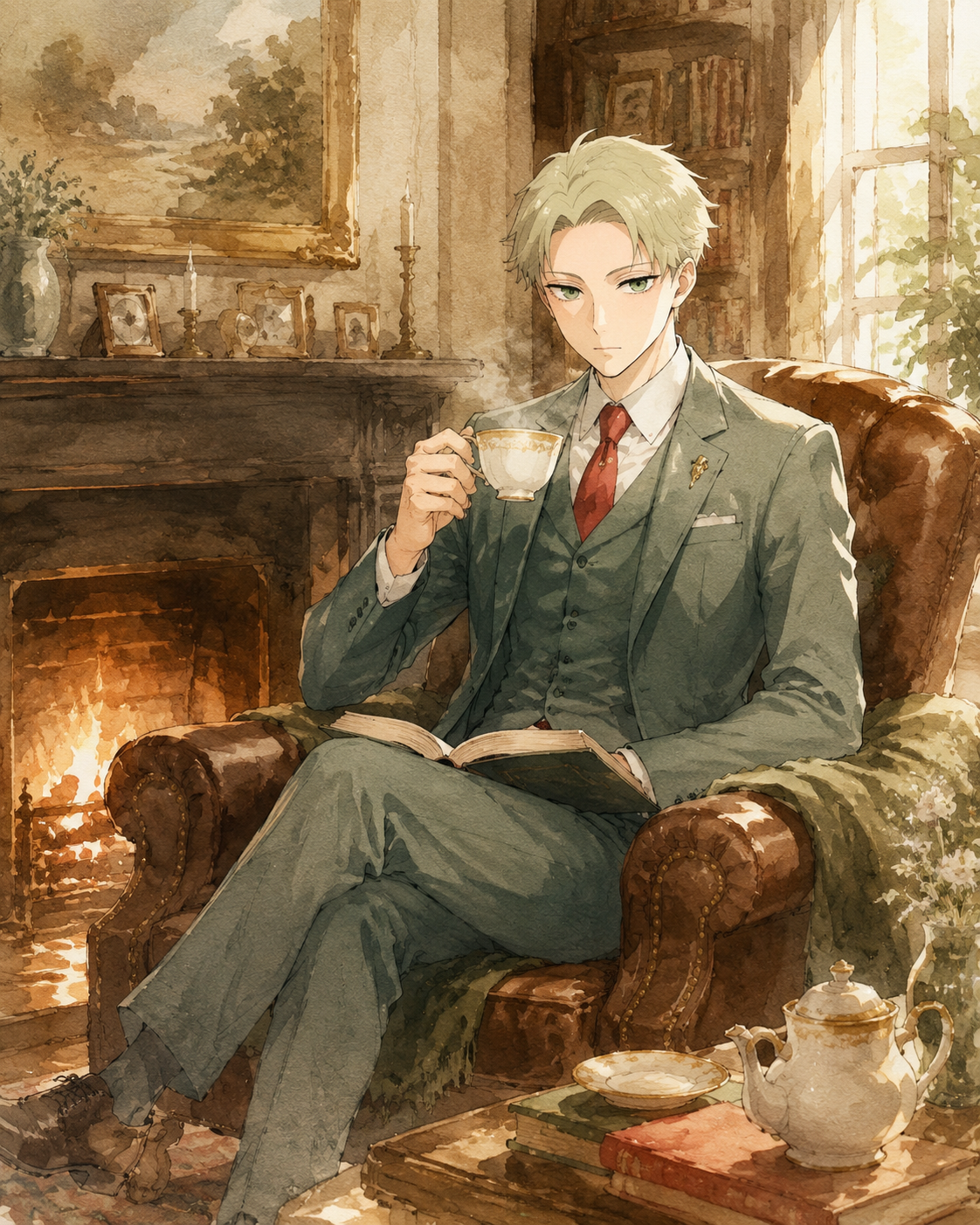Sprinting across uneven rooftops under the pale moonlight In a cozy living room by a crackling fireplace (soft watercolor illustration, warm morning light)