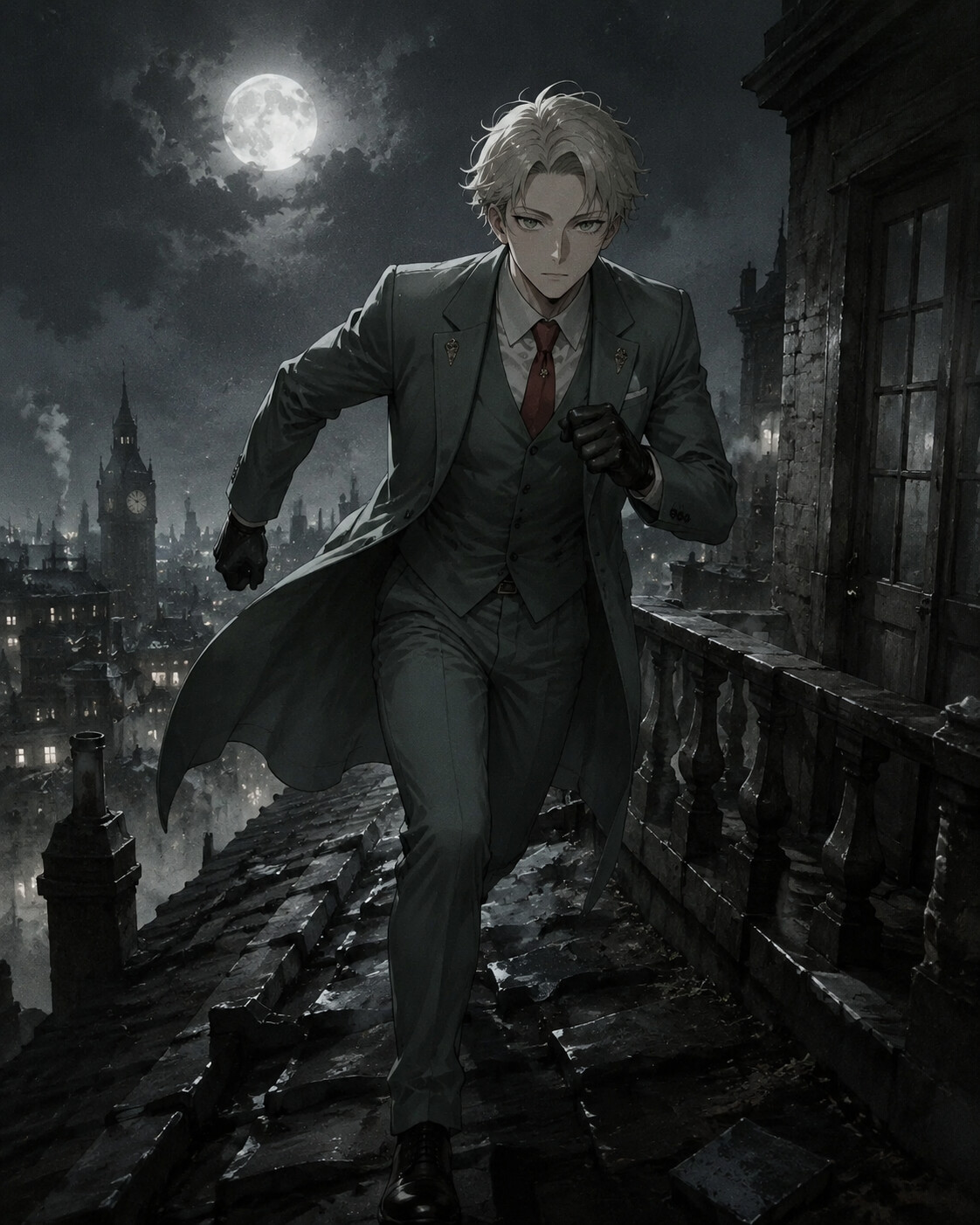 Sprinting across uneven rooftops under the pale moonlight on a balcony overlooking a foggy city skyline (gritty spy thriller)