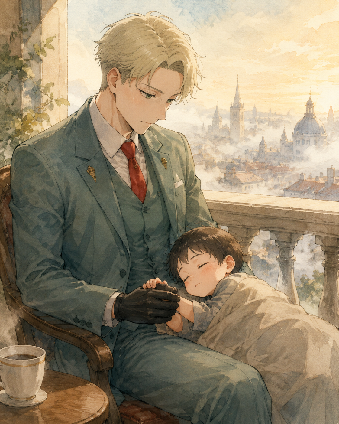 Tenderly holding a sleeping child’s hand On a balcony overlooking a foggy city skyline (soft watercolor illustration, warm morning light)