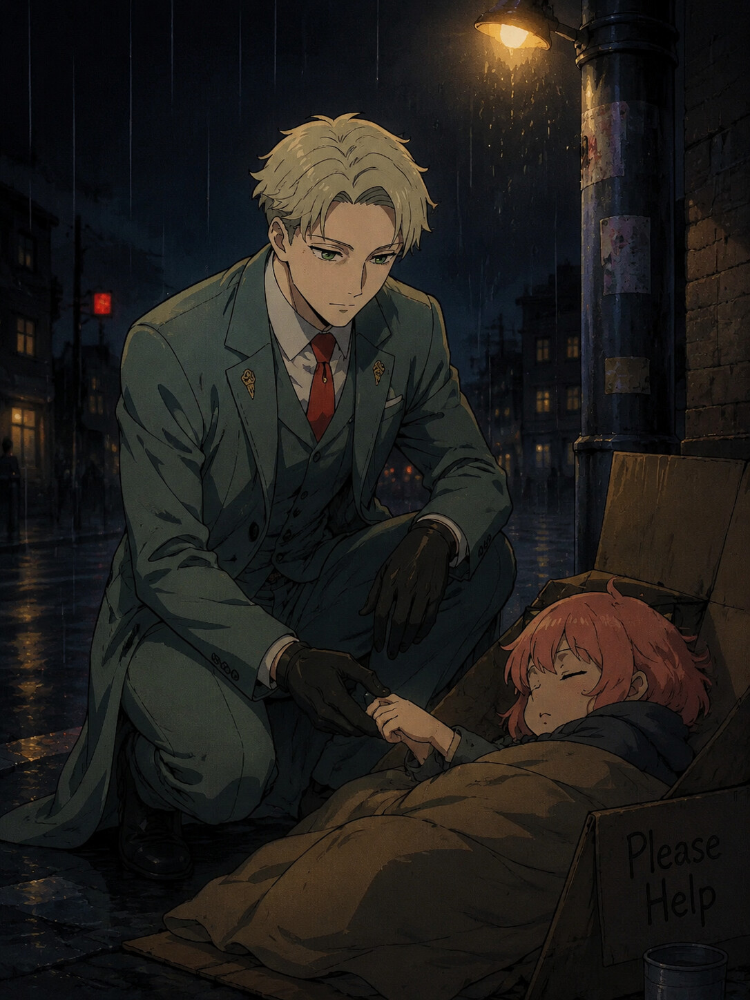 Tenderly holding a sleeping child’s hand on a rainy street corner under a flickering streetlight (classic 90s anime style)