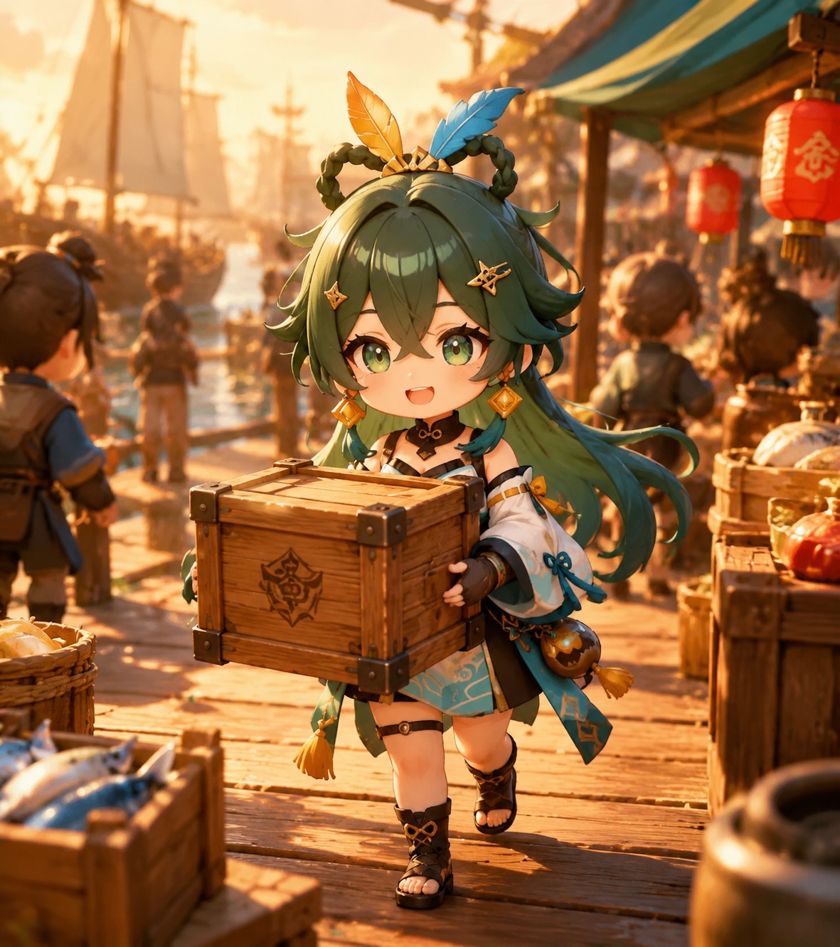 Delivering a wooden crate to the bustling docks At a crowded marketplace stall during the golden hour (cute 3D chibi style with glossy toy-like textures)