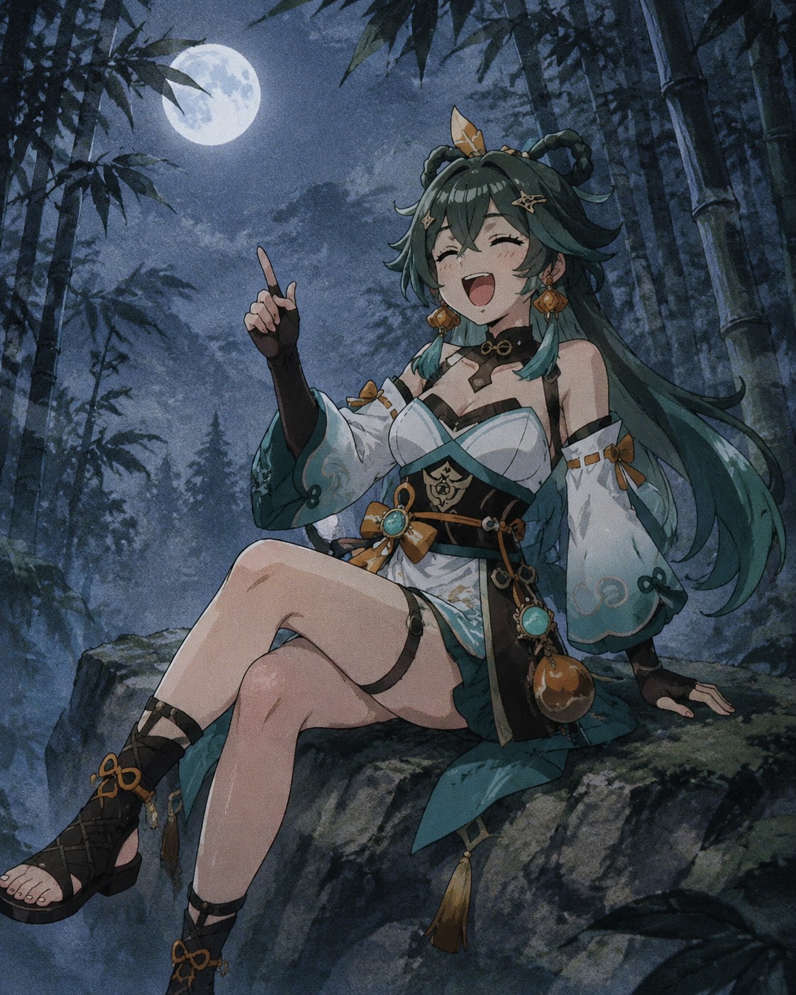 Laughing loudly while recounting a travel story In a misty bamboo forest under the silver moonlight (90s retro cel-shaded aesthetic with grainy textures)