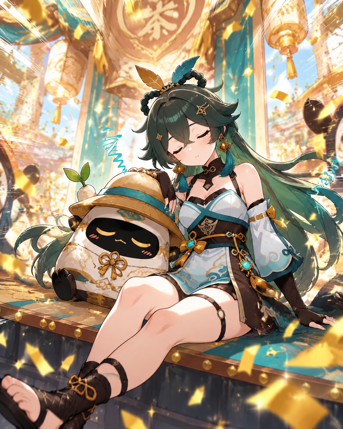 Napping peacefully alongside his small companion man chai On a brightly lit festival stage under falling gold confetti (vibrant anime style with dynamic motion lines)