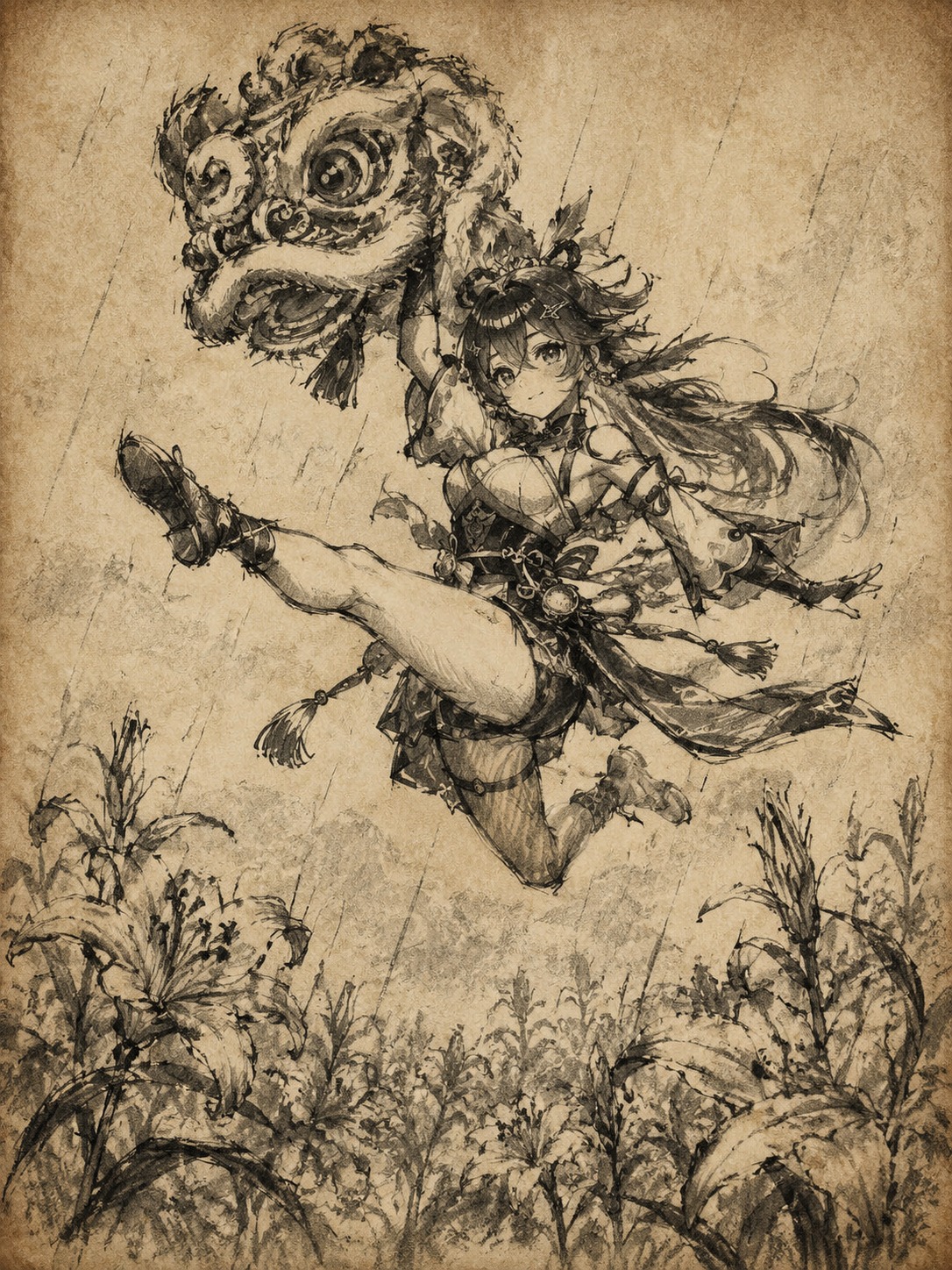 Performing a high-altitude lion dance leap In a field of Glaze Lilies during a light rain (rough charcoal sketch on aged parchment paper)