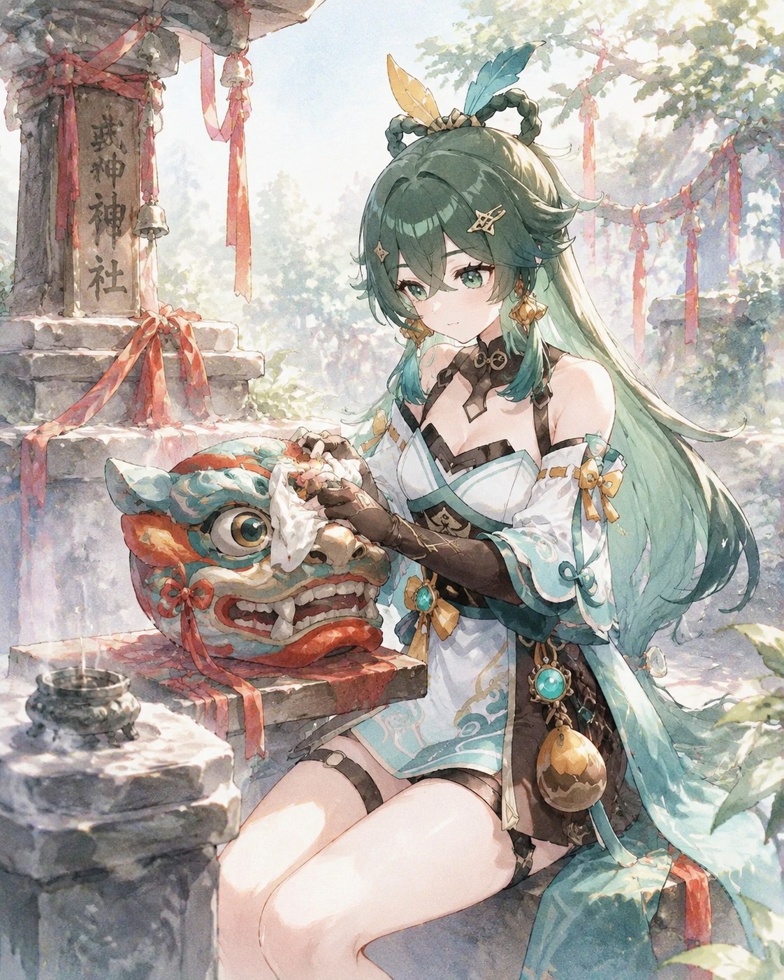 Polishing the eyes of his colorful wushou mask At a quiet stone shrine decorated with festive red ribbons (soft pastel watercolor with ethereal morning light)