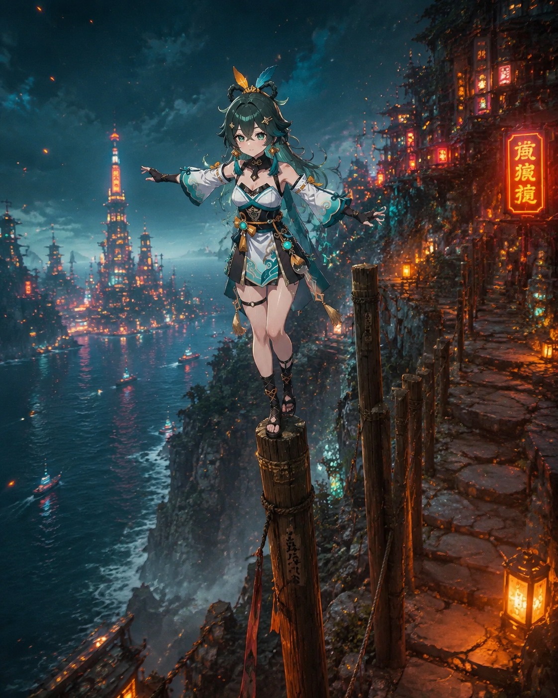 Practicing balance on top of tall wooden poles On a precarious cliffside trail overlooking the southern sea (cinematic neon cyberpunk with glowing orange highlights)