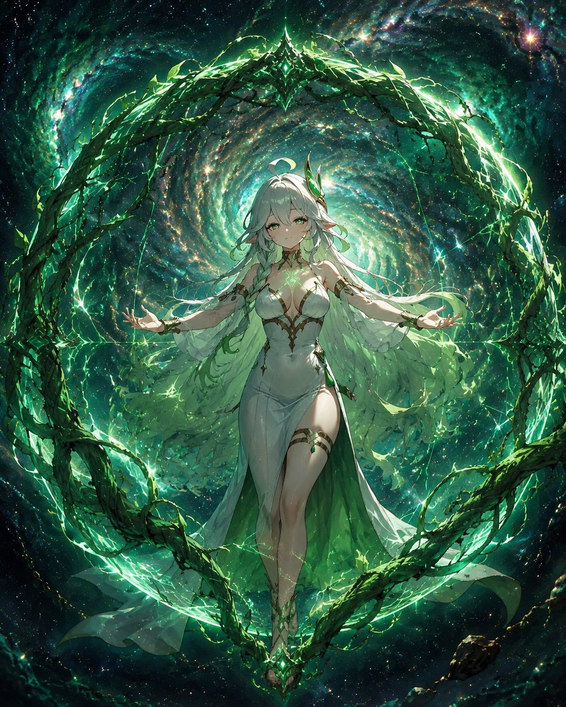 Conjuring a massive shield of protective vines At the center of a swirling cosmic nebula (cinematic fantasy, dramatic emerald rim lighting)
