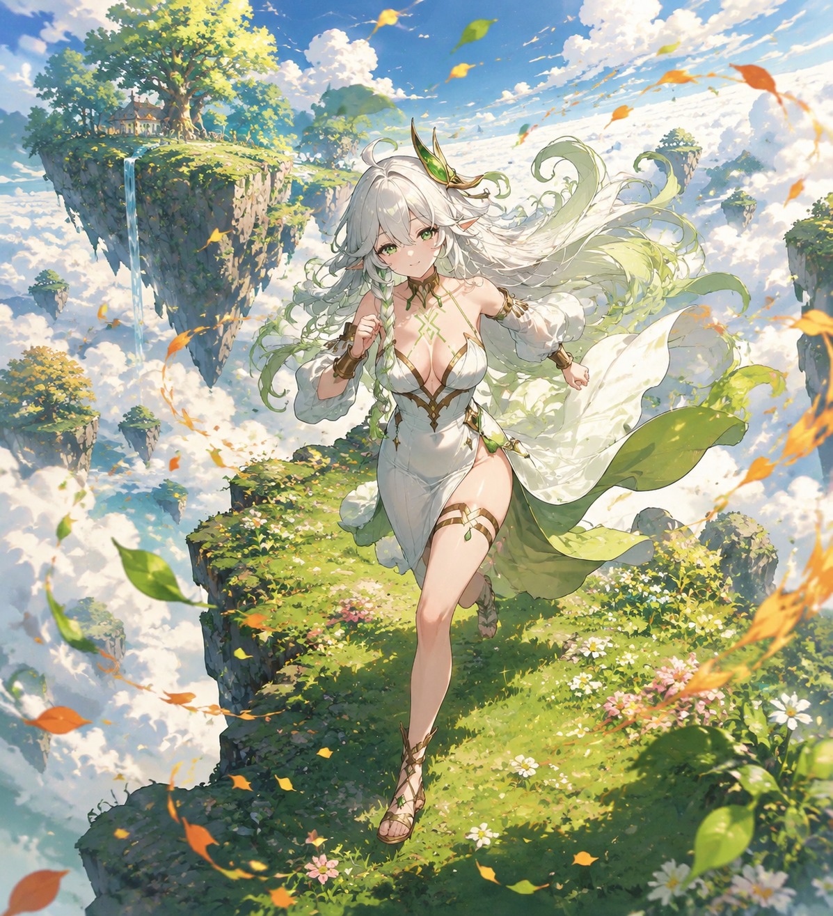 Dashing through a whirlwind of falling leaves On a floating island amidst a sea of clouds (whimsical Studio Ghibli style, lush nature details)