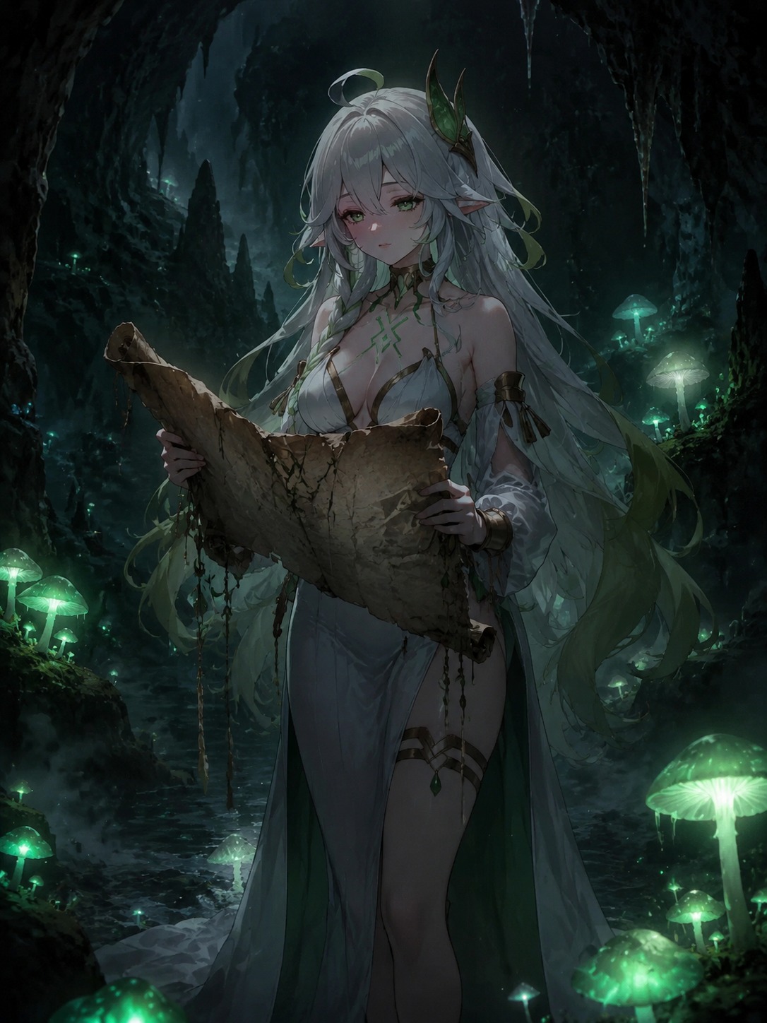Reading a scroll made of dried leaves In a dark cavern illuminated by bioluminescent fungi (dark gothic fantasy, misty and melancholic tones)