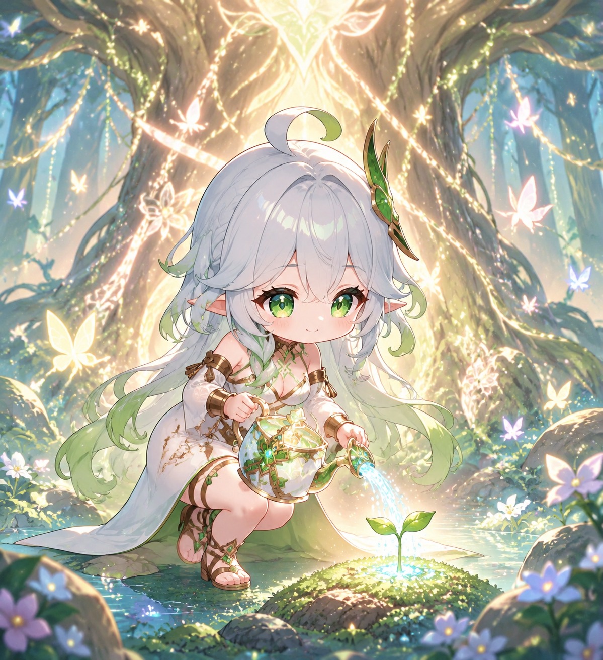 Watering a tiny sprout with divine dew In the heart of the glowing Great Tree (cute chibi style, vibrant pastel colors)