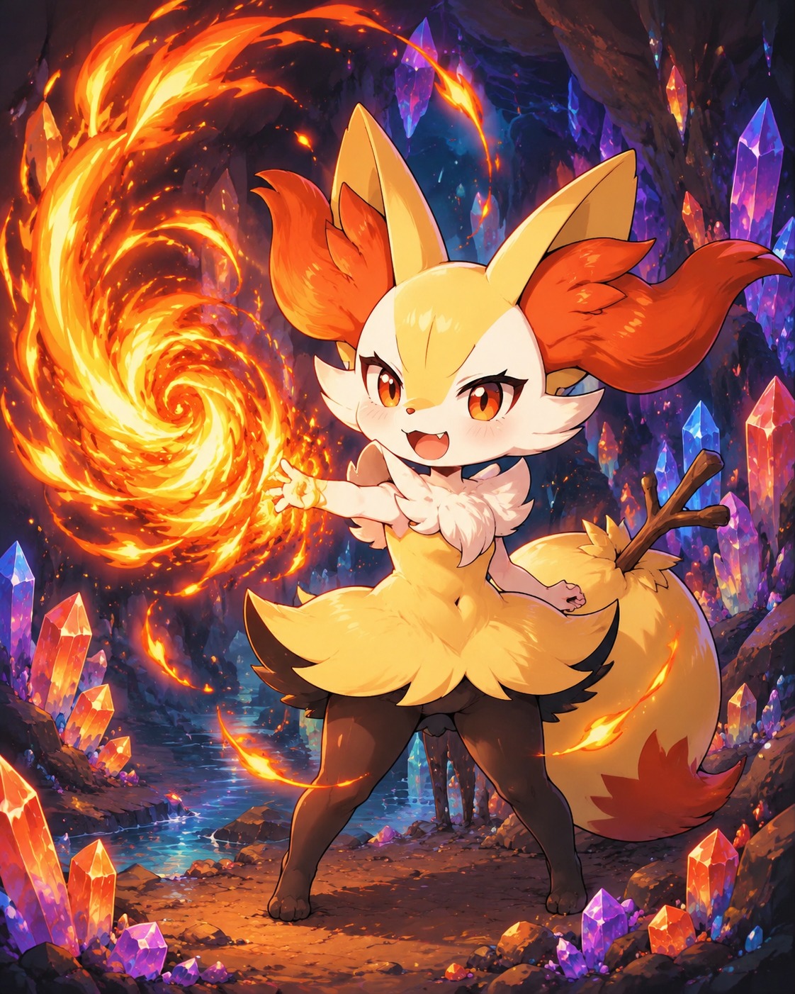 Conjuring a swirling fire blast In a crystal-filled underground grotto (cute chibi style, vibrant colors)