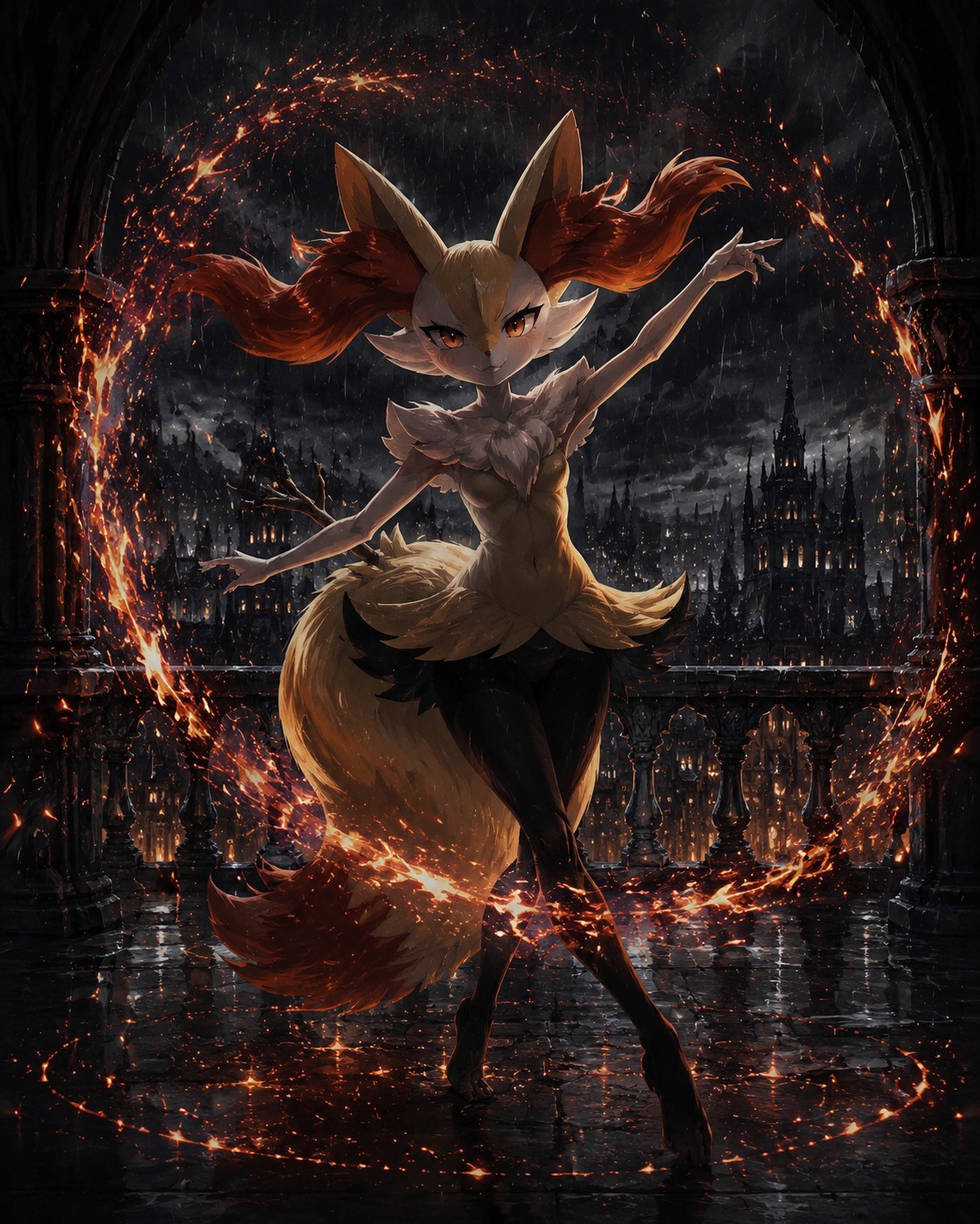 Dancing through a ring of embers On a rainy balcony overlooking a city (dark gothic illustration, high contrast)