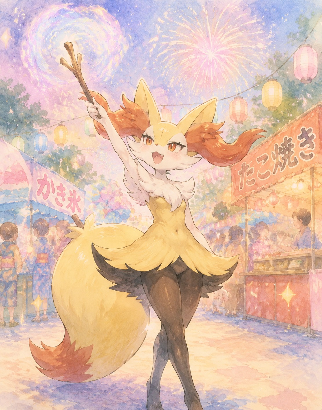 Pointing its wand toward the sky At a colorful summer festival (soft watercolor wash, pastel tones)
