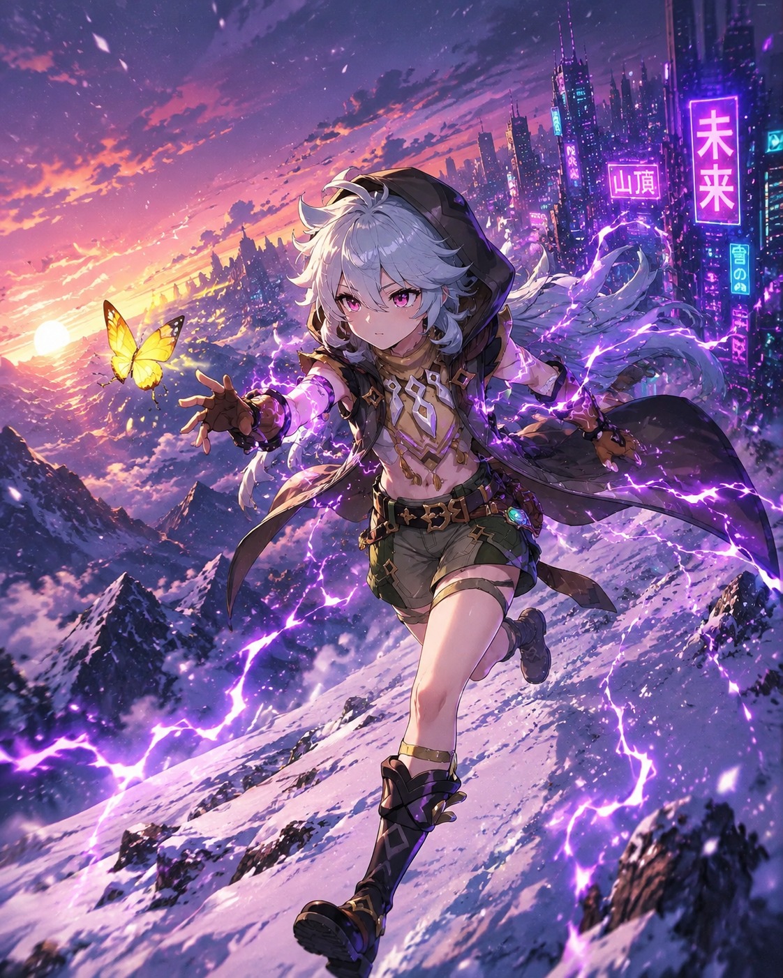 Chasing a fluttering yellow butterfly On a snowy mountain peak at dawn (neon cyberpunk, glowing purple electricity)