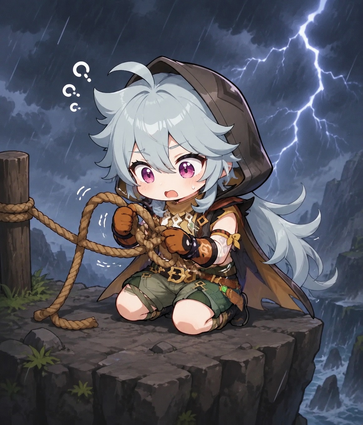 Clumsily trying to tie a knot On a rocky cliffside during a thunderstorm (adorable chibi style, rounded shapes)