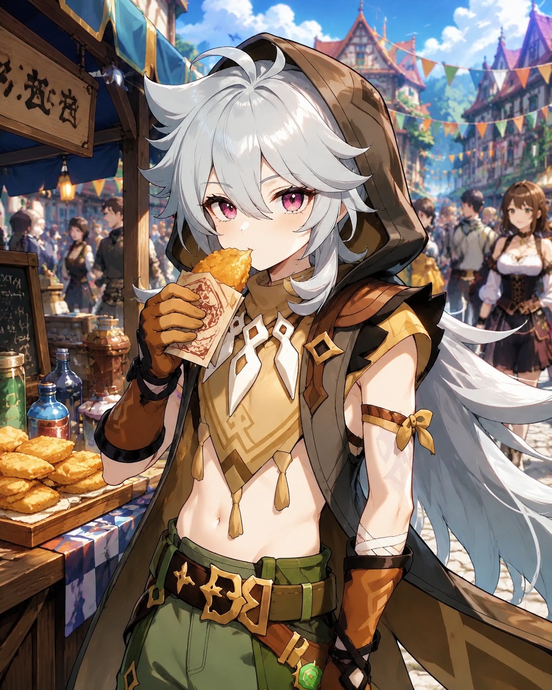 Eating a crispy golden hash brown At a bustling Mondstadt festival stall (vibrant cel-shaded anime, high contrast)