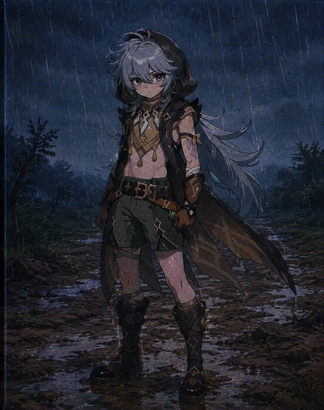 Guarding the perimeter with alert eyes On a muddy trail under heavy rain (retro 90s anime, grainy VHS aesthetic)