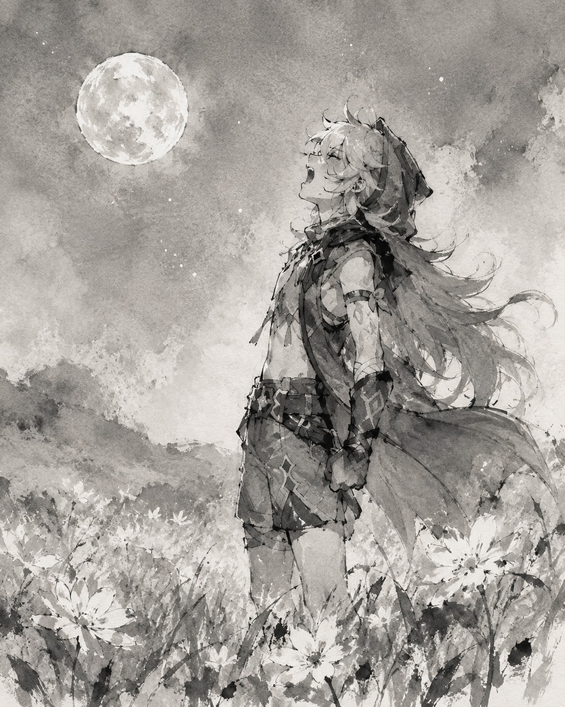 Howling at a distant silver moon In a field of bright cecilia flowers (ink wash sketch, minimalist and raw)