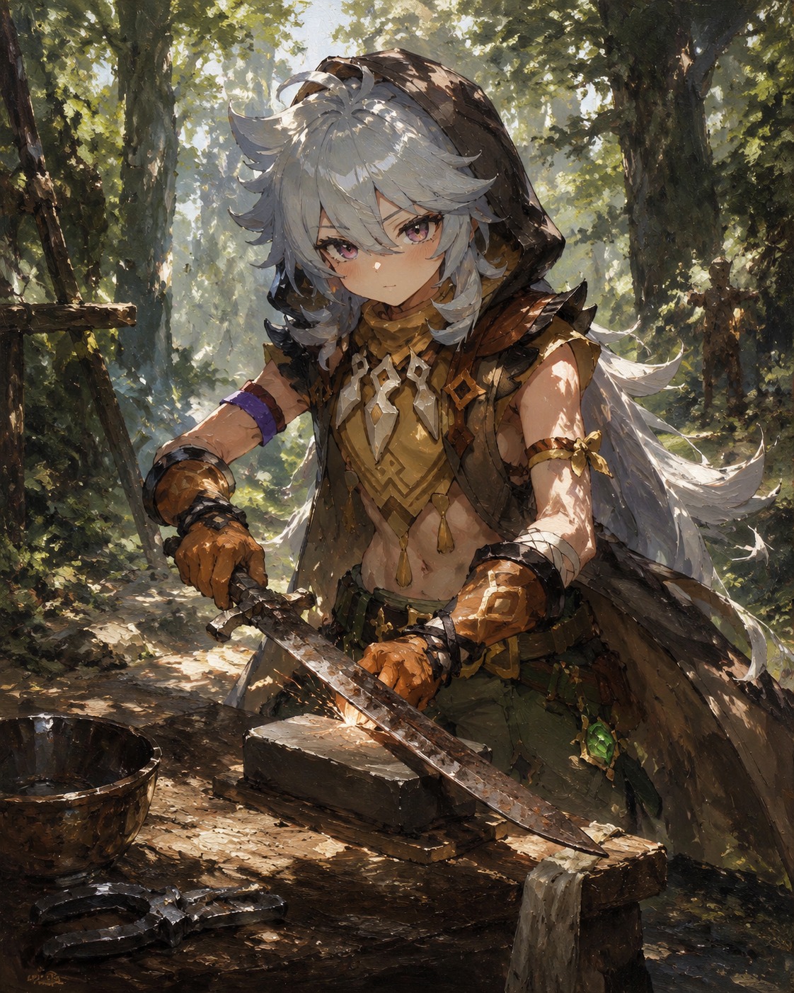 Sharpening a rusted metal blade In a sun-dappled forest clearing (gritty oil painting, thick brushstrokes)