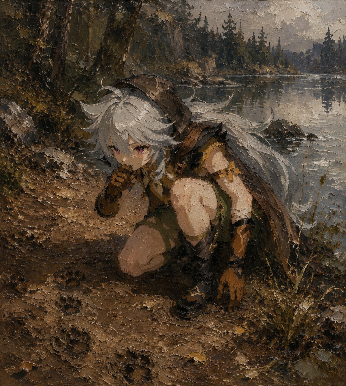 Sniffing for tracks in the dirt At the edge of a quiet lake (gritty oil painting, thick brushstrokes)