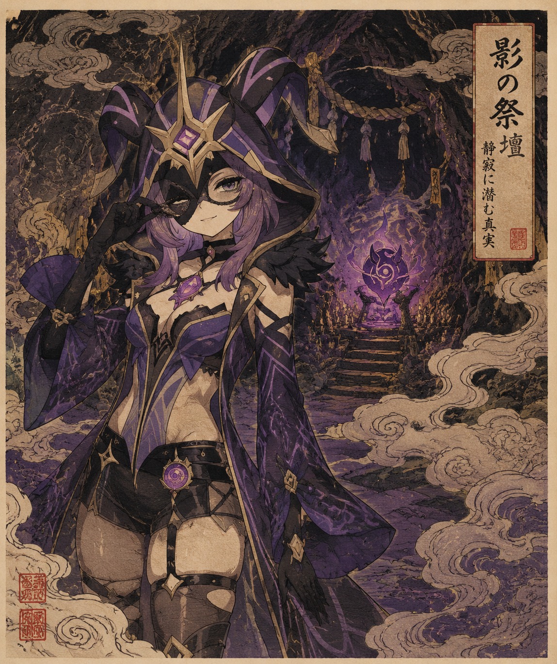 Adjusting her lace-trimmed mask while smirking At a hidden altar deep within a cavern (ukiyo-e style with swirling cloud motifs)