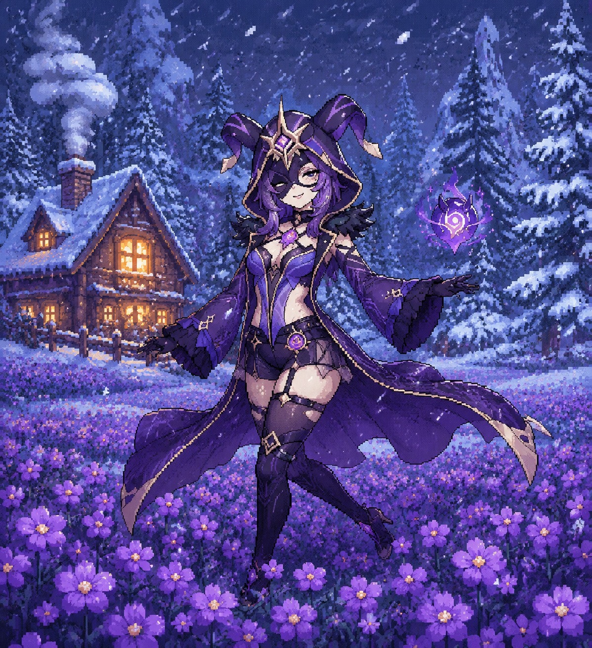 Dancing through a field of purple flowers In a frozen forest during a blizzard (cozy pixel art with warm indoor lighting)