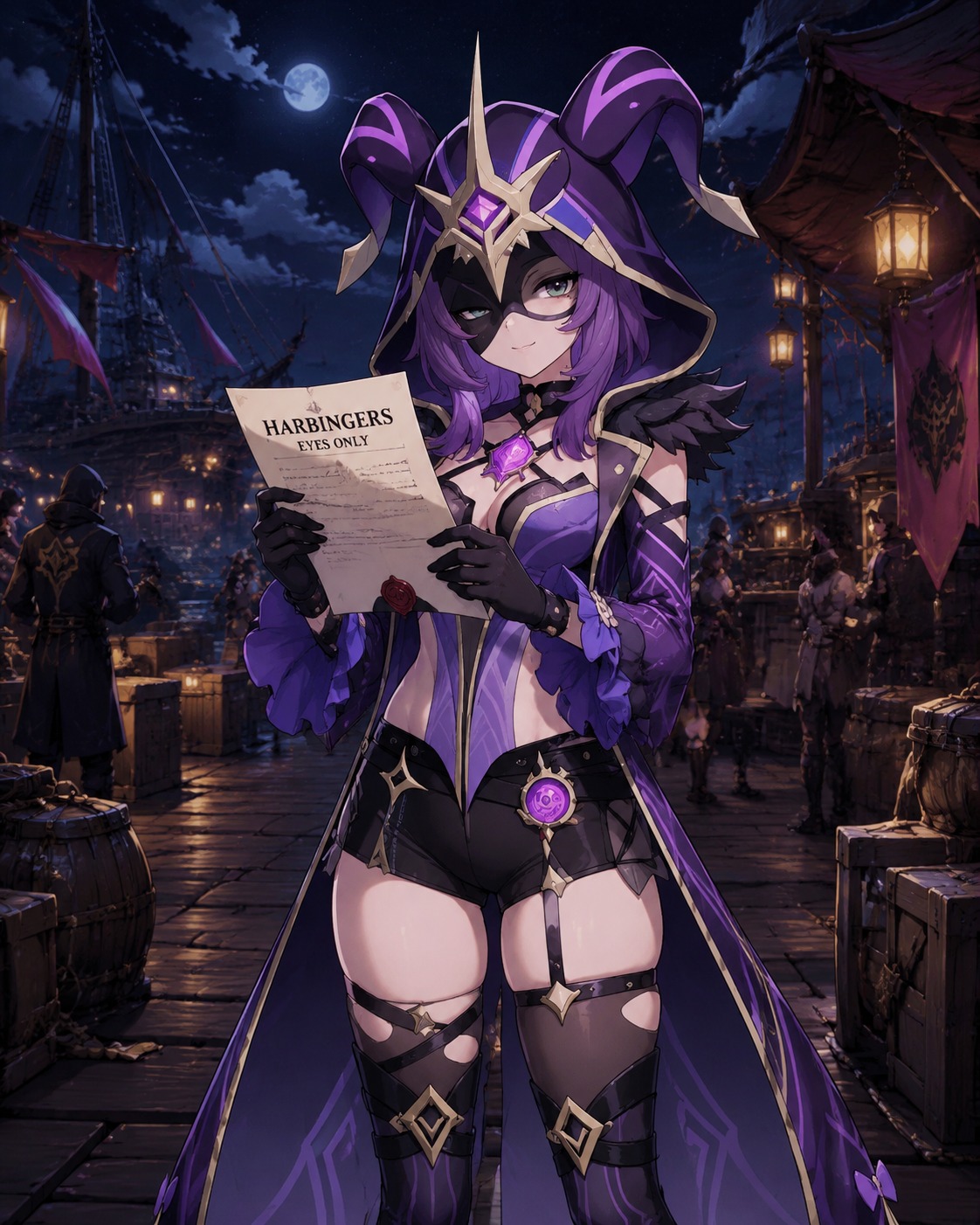 Reading a secret letter from the harbingers On a busy harbor dock at midnight (vibrant cel-shaded anime with sharp lines)