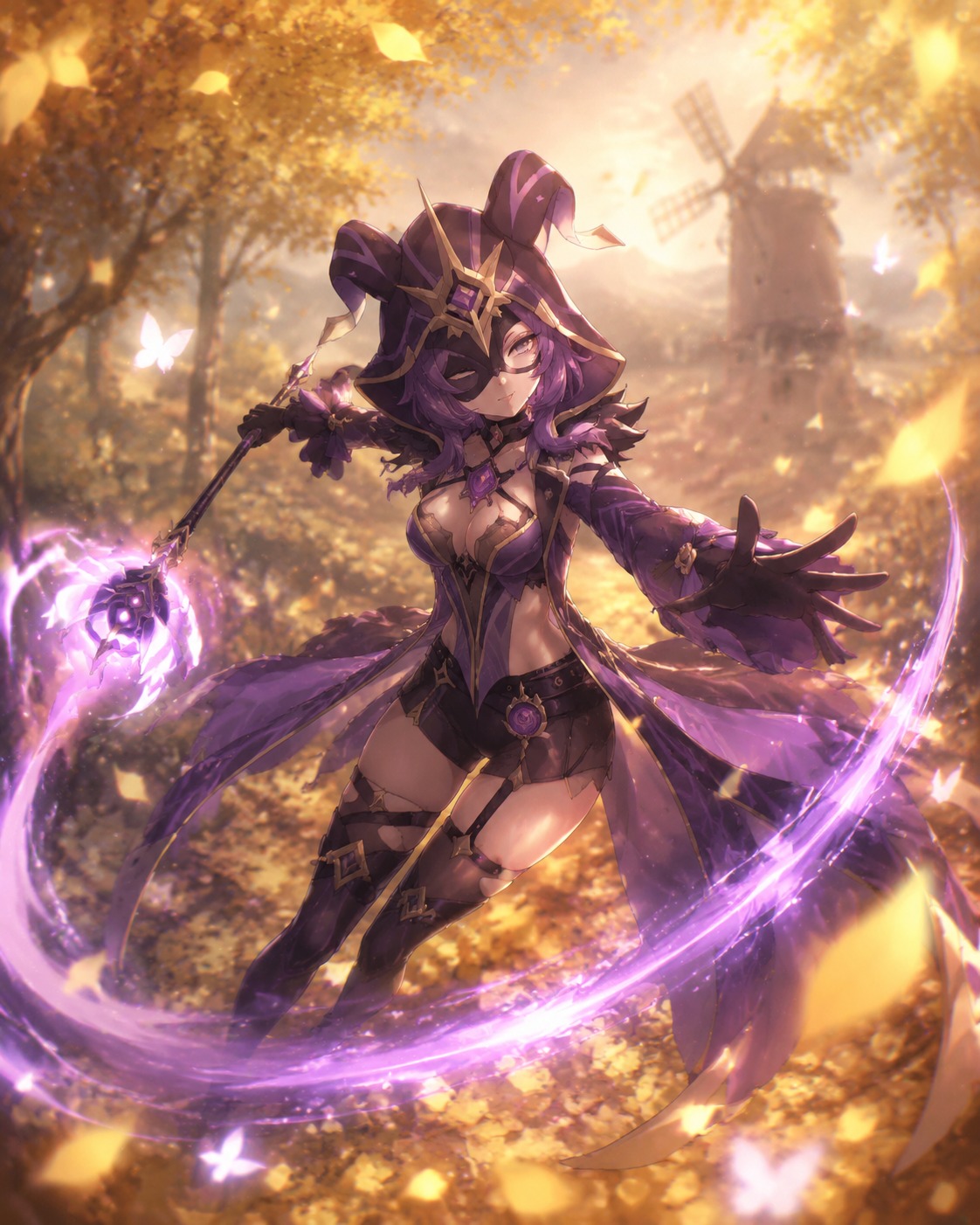 Swinging her staff in a wide arc In a golden autumn grove in Mondstadt (ethereal dreamcore with soft glowing bokeh)