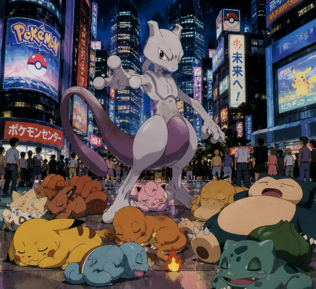 Standing guard over a group of sleeping Pokemon at the center of a bustling urban metropolis (classic 90s anime cel-shaded style)
