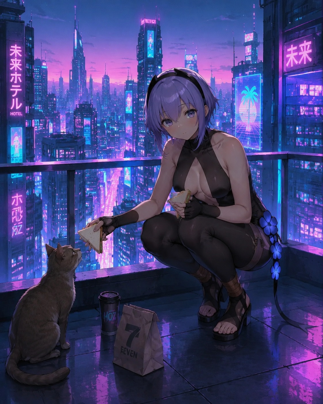 Sharing a sandwich with a stray cat On a high-rise balcony overlooking a futuristic city (modern vaporwave aesthetic with neon cyan and pink)