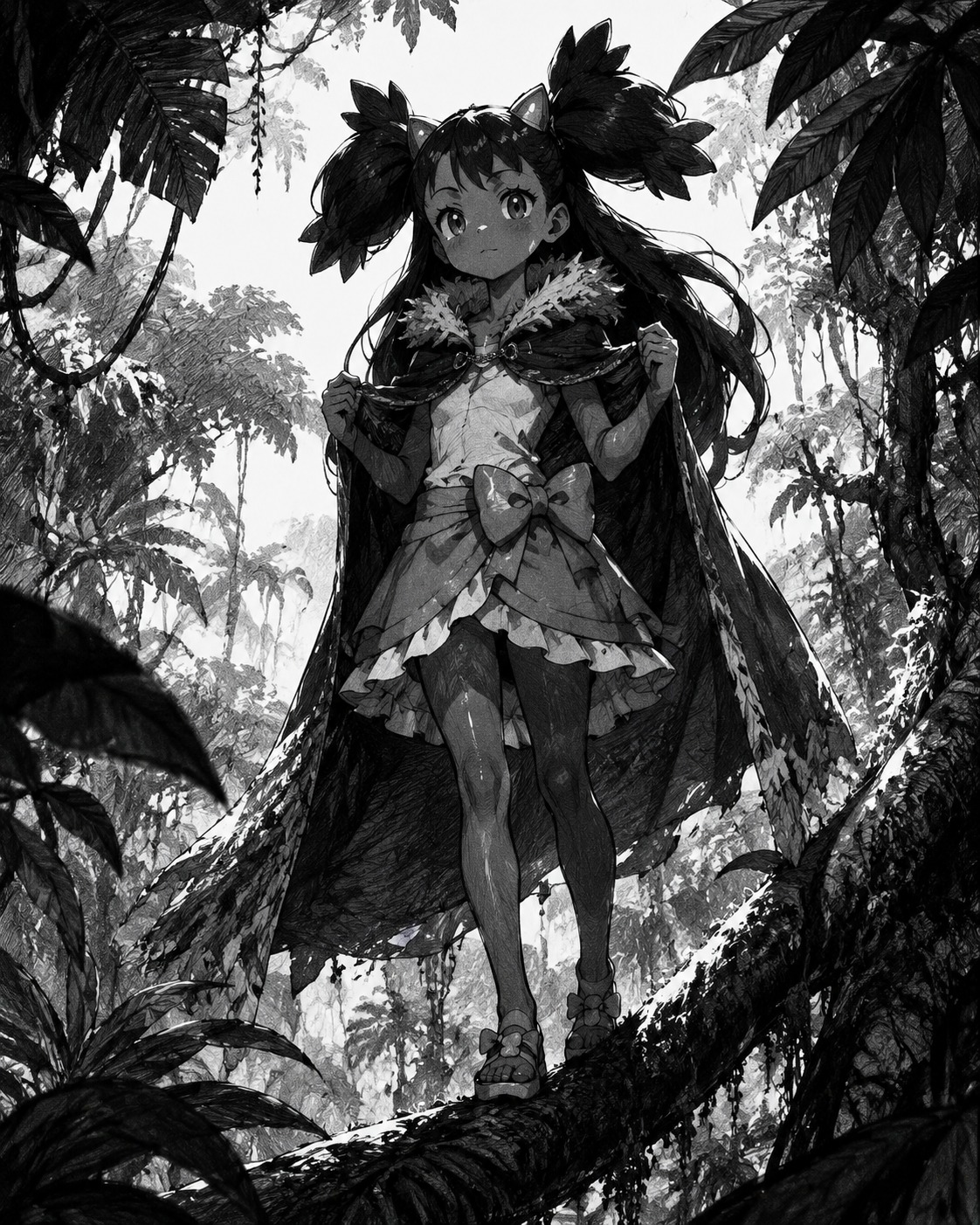 Adjusting her regal champion cape In a lush tropical rainforest canopy (gritty noir sketch with high contrast shadows)