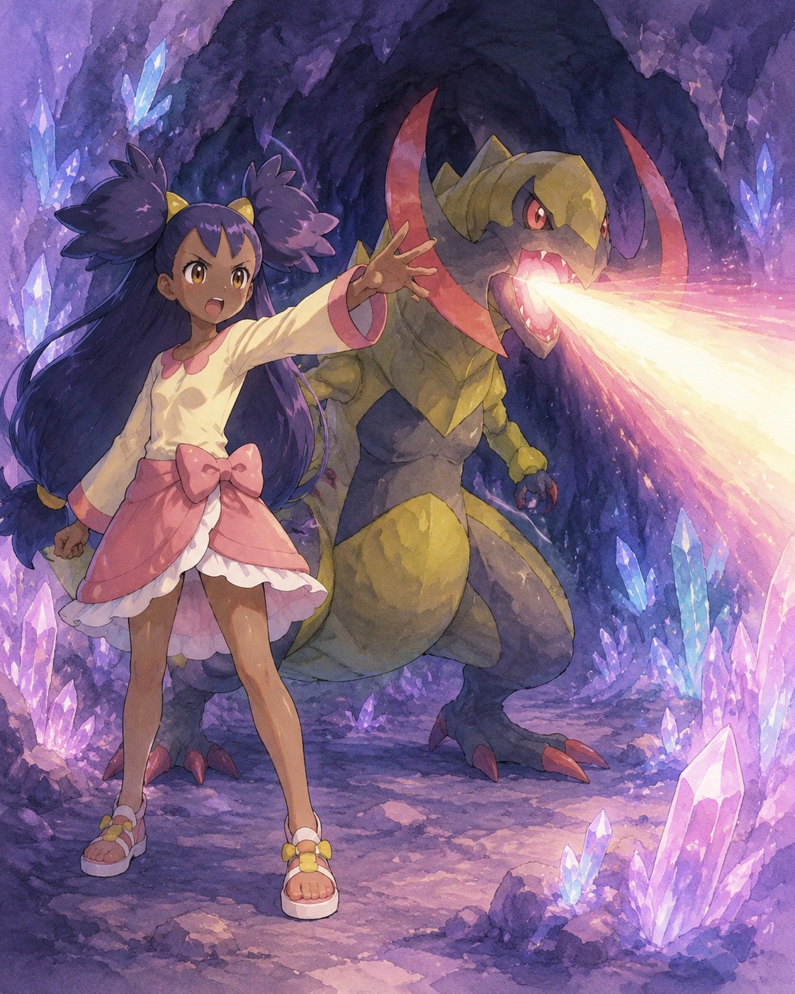 Commanding a haxorus to use hyper beam In a dark cave illuminated by glowing crystals (soft watercolor textures with pastel tones)