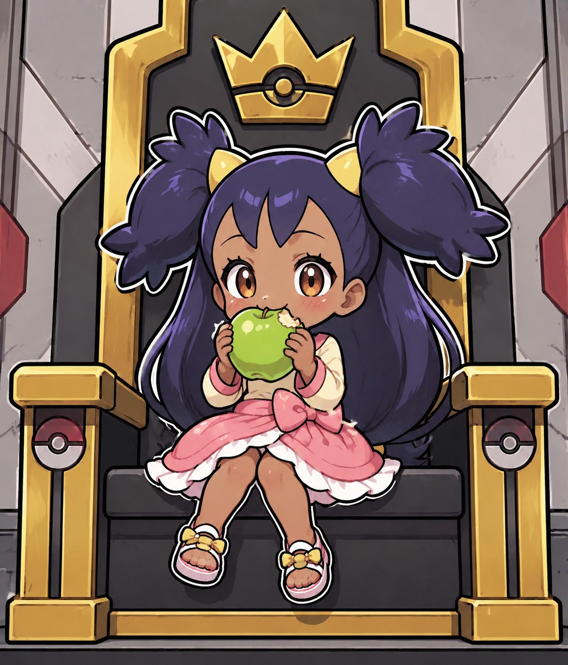 Eating a large green apple At the Unova League Champion's throne (adorable chibi style with thick outlines)