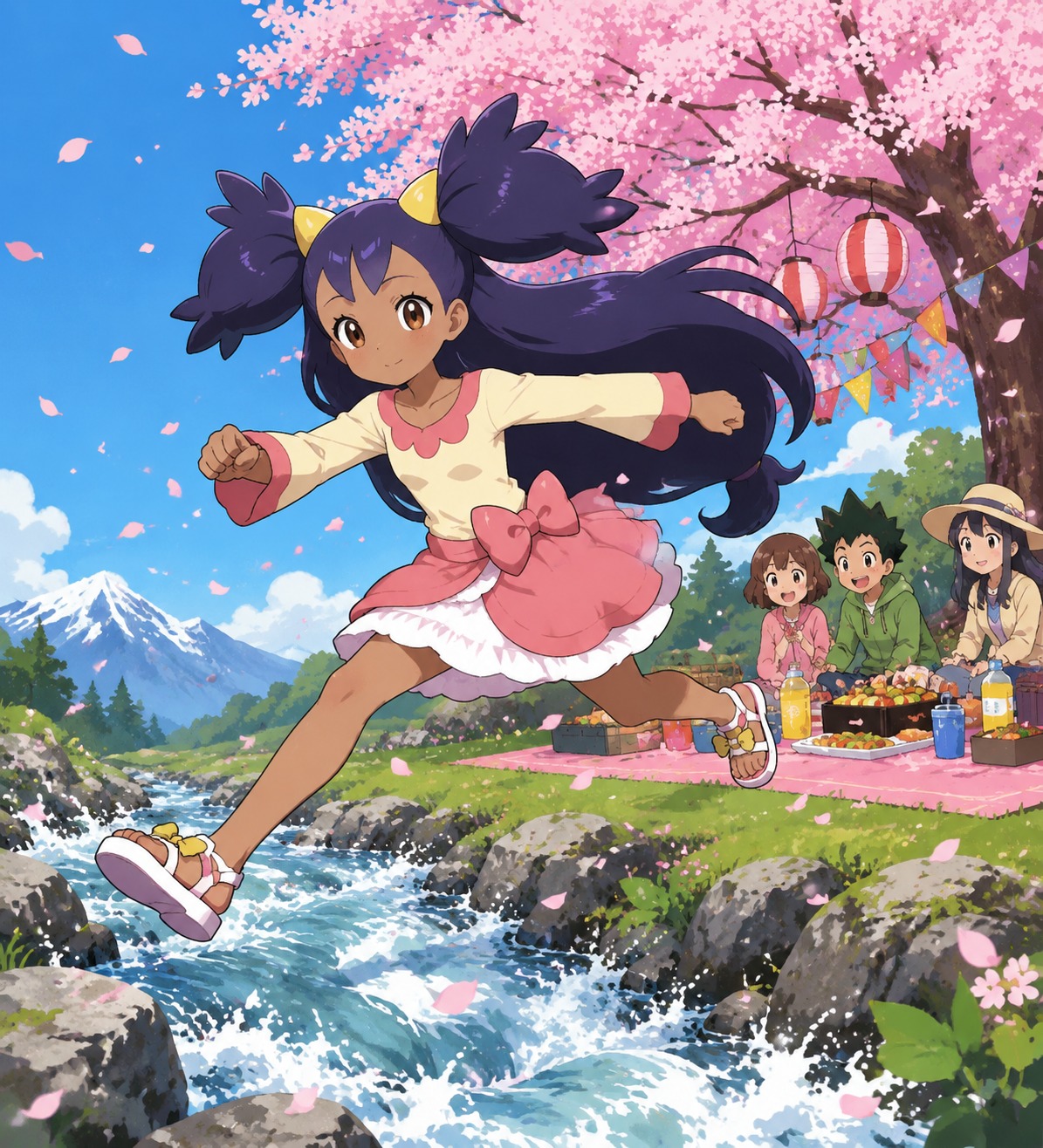 Leaping over a rushing mountain stream At a festive picnic under a blooming cherry tree (sleek vector art with flat colors)