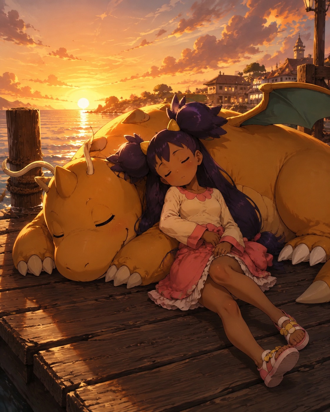 Napping beside a sleeping dragonite On a sun-drenched wooden pier at sunset (cinematic digital painting with dynamic lighting)