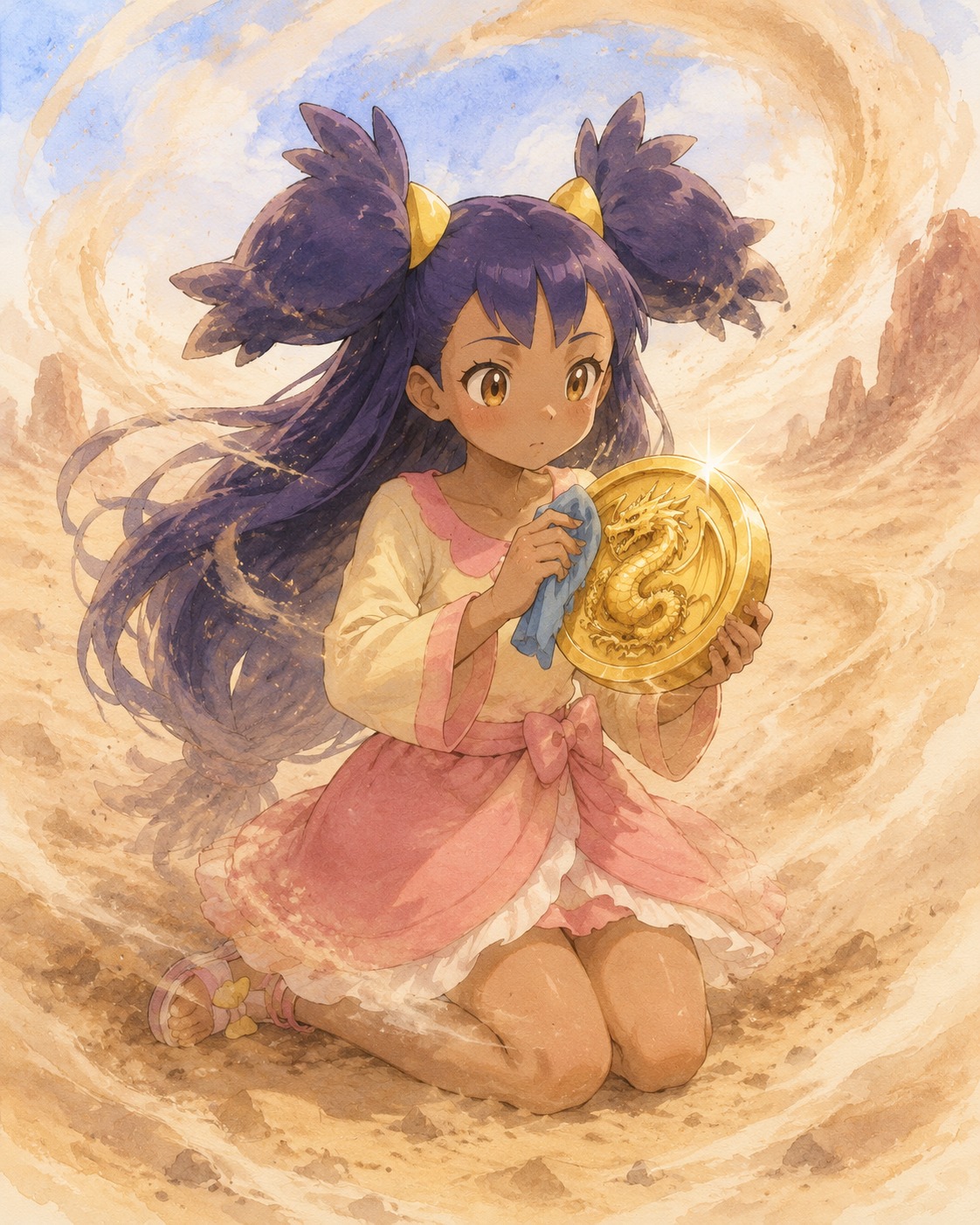 Polishing a shiny gold dragon badge Inside a swirling sandstorm in the desert (soft watercolor textures with pastel tones)