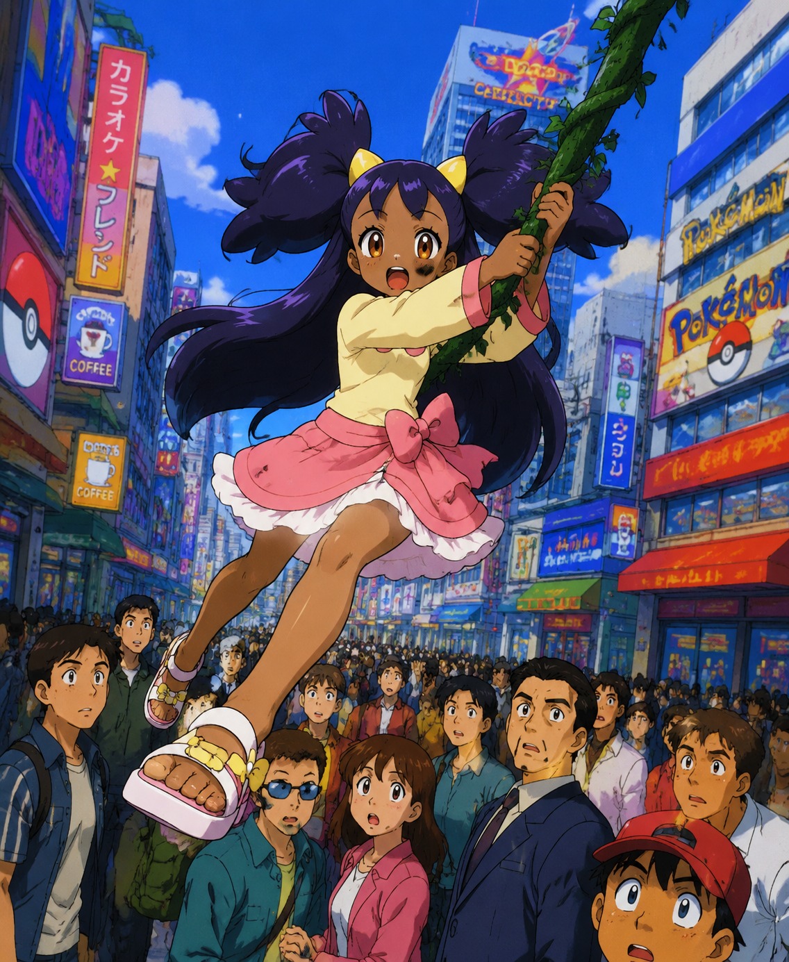 Swinging from a thick jungle vine On a crowded urban street in Castelia City (vibrant 90s cel-shaded anime aesthetic)